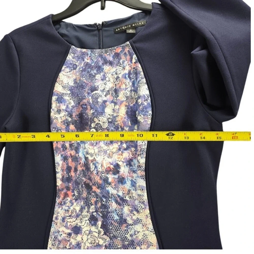 Antonio‎ Melani Navy Blue Floral Lace Print Illusion Sheath Dress 3/4 Sleeve 6